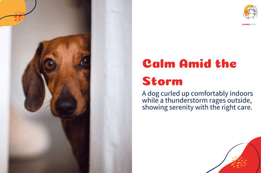Helpful tips and products to soothe dogs during thunderstorms, featuring calming treats, anxiety wraps, and toys designed for stress relief.-LUMINA