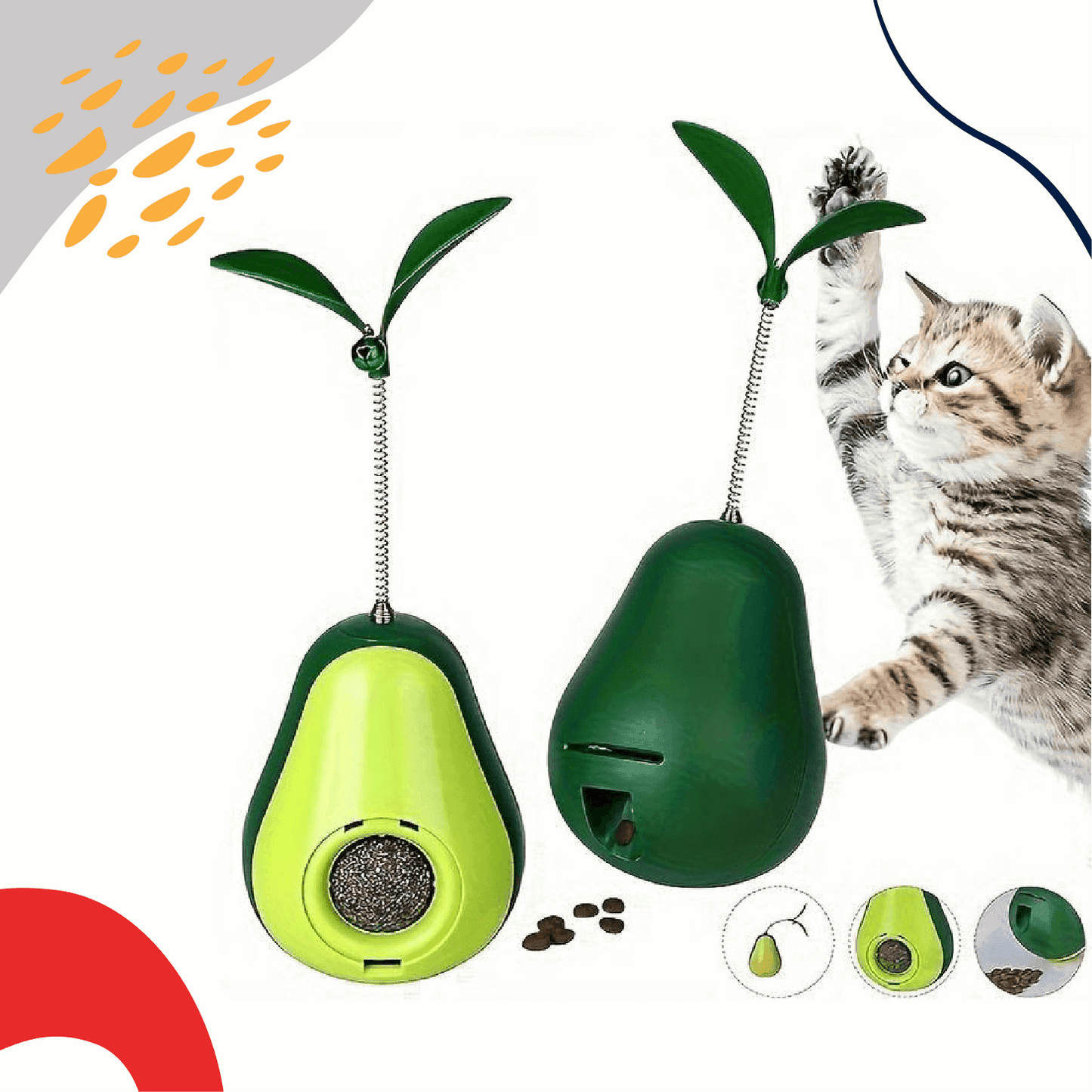 Avocado interactive cat toy with a treat dispenser, tumbler movement, and feather teaser for engaging play, exercise, and mental stimulation. Perfect for indoor cats- LUMINA