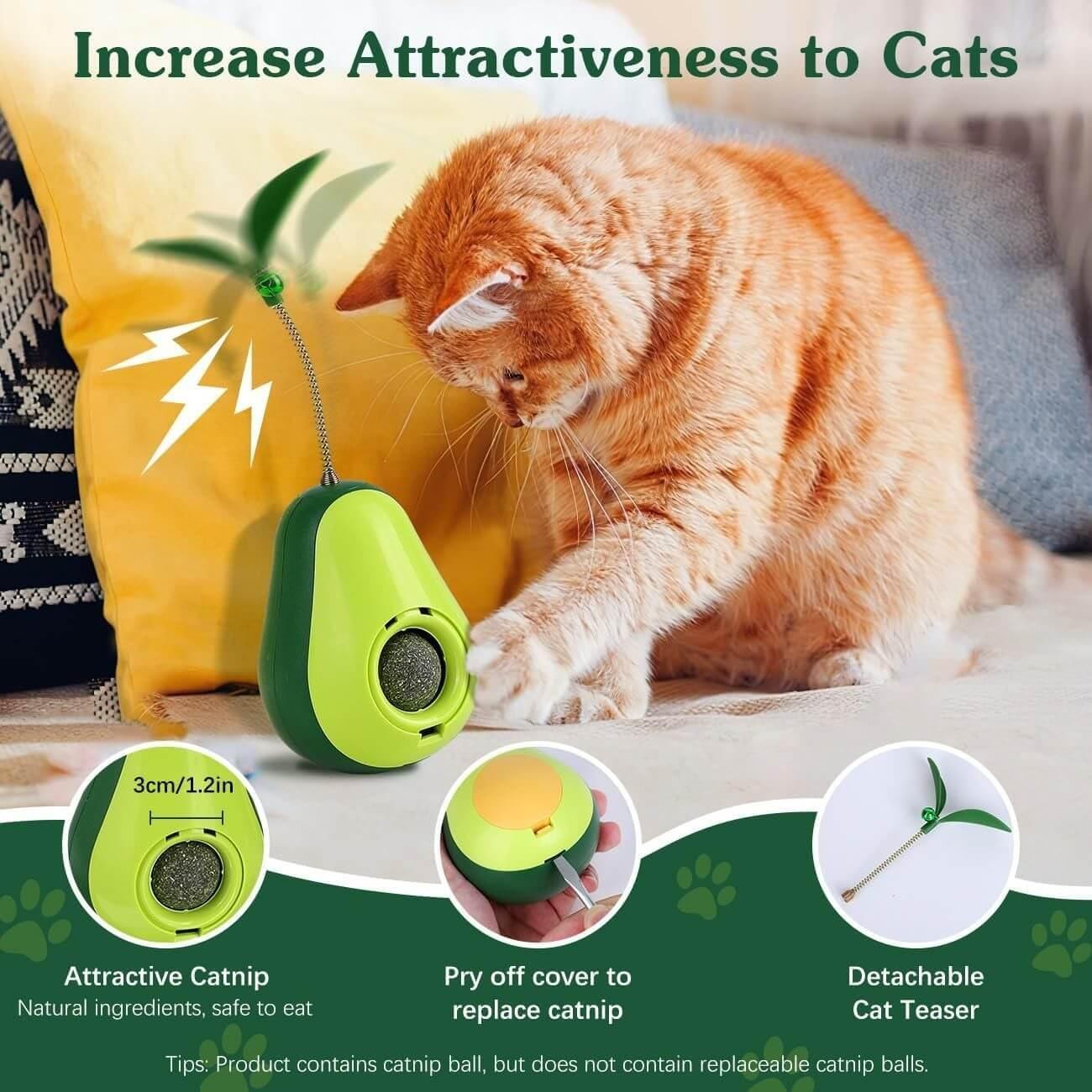 Avocado interactive cat toy with a treat dispenser, tumbler movement, and feather teaser for engaging play, exercise, and mental stimulation. Perfect for indoor cats- LUMINA