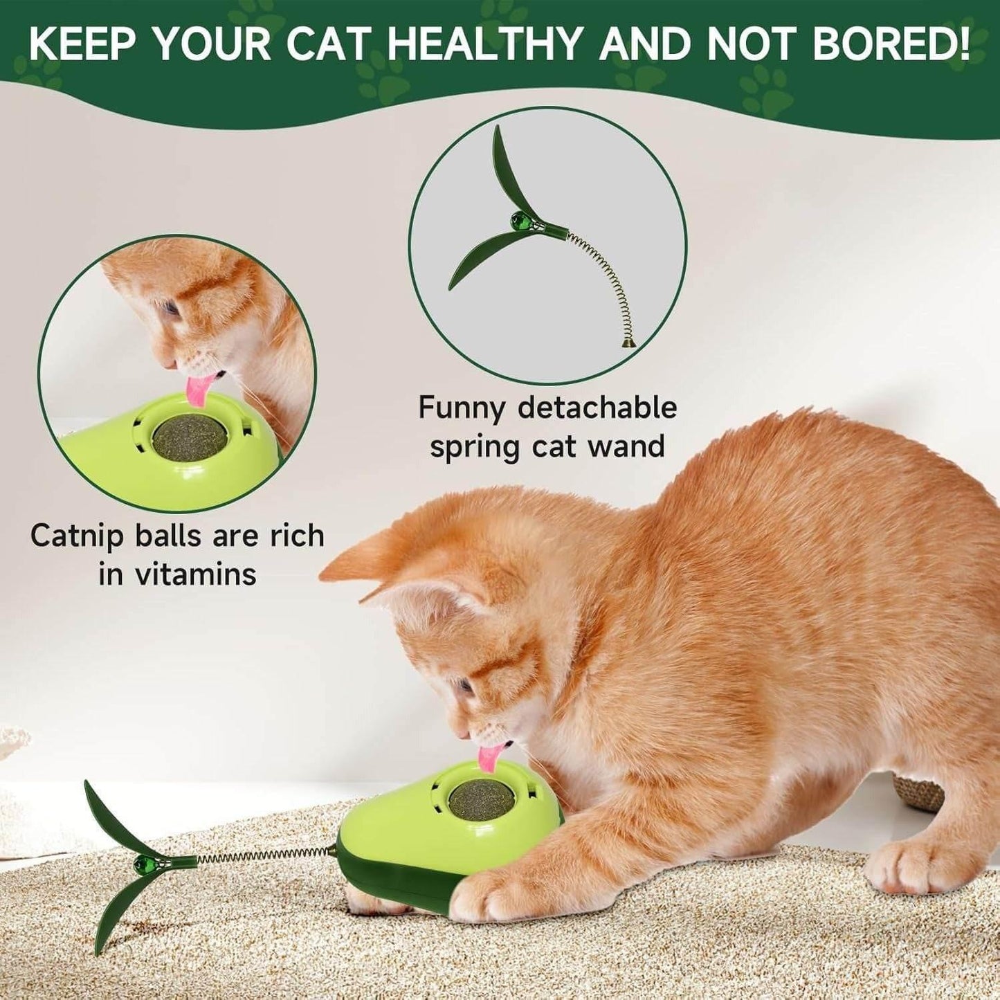 Avocado interactive cat toy with a treat dispenser, tumbler movement, and feather teaser for engaging play, exercise, and mental stimulation. Perfect for indoor cats- LUMINA