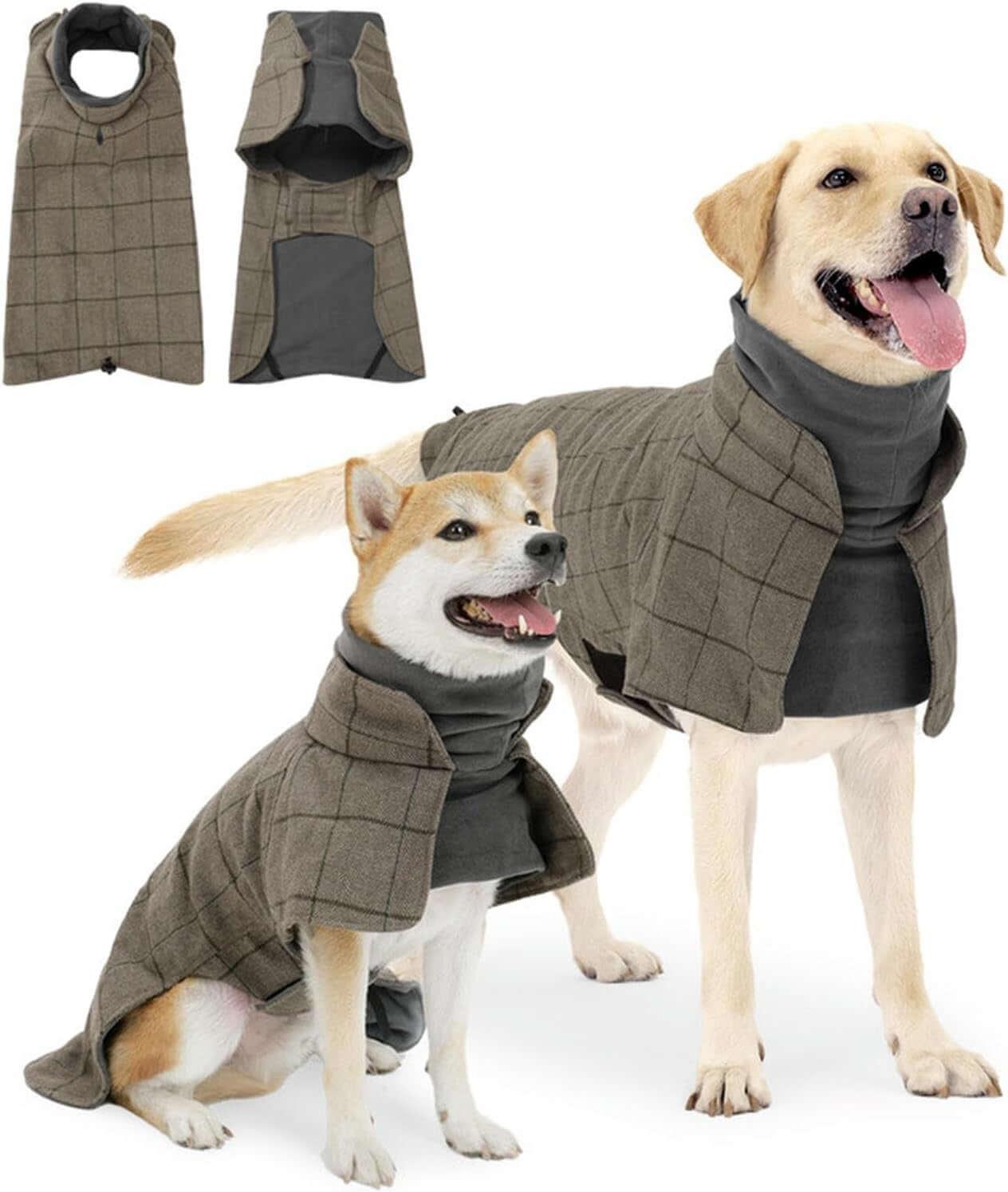 British style plaid dog winter coat with windproof cotton exterior, fleece lining, and a leash hole. Elegant and warm vest for small to large dogs-LUMINA