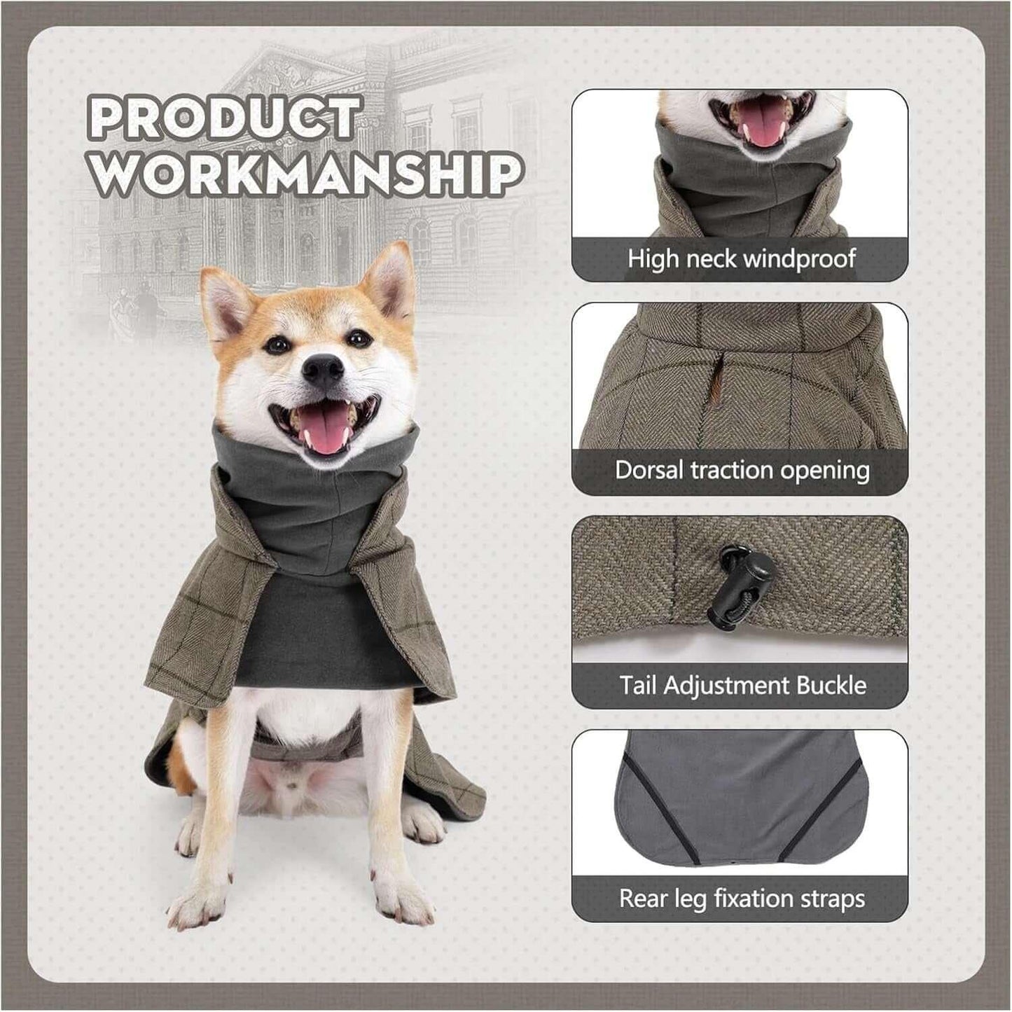 British style plaid dog winter coat with windproof cotton exterior, fleece lining, and a leash hole. Elegant and warm vest for small to large dogs-LUMINA