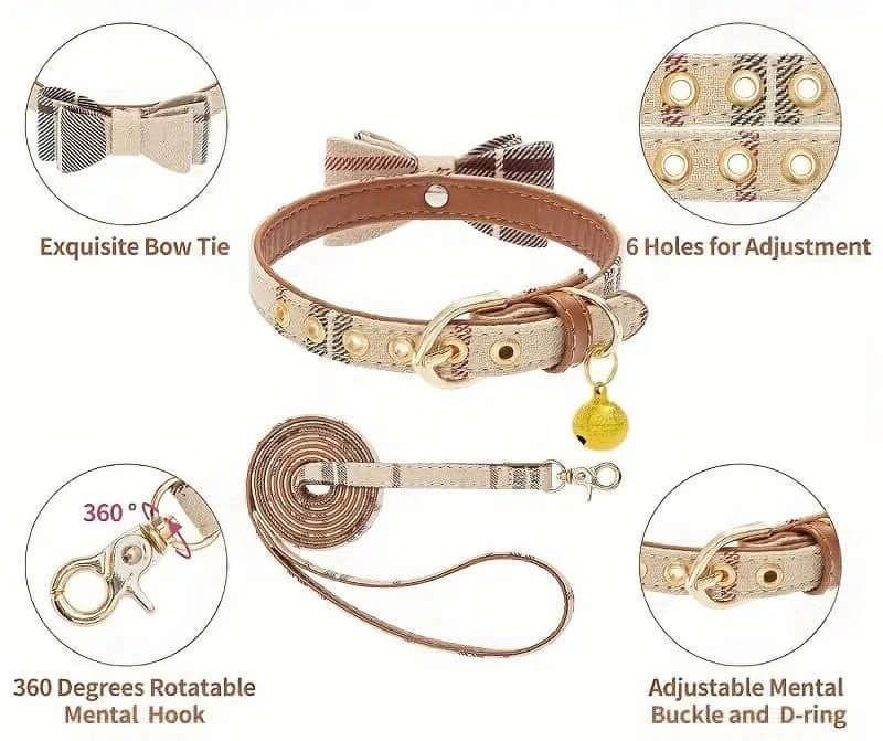 Classic Dog Collar and Leash Set - Adjustable dog collar with matching lead and bow tie, stylish and durable dog leash, perfect dog accessories for safe travel, ideal dog collars for all sizes.-LUMINA