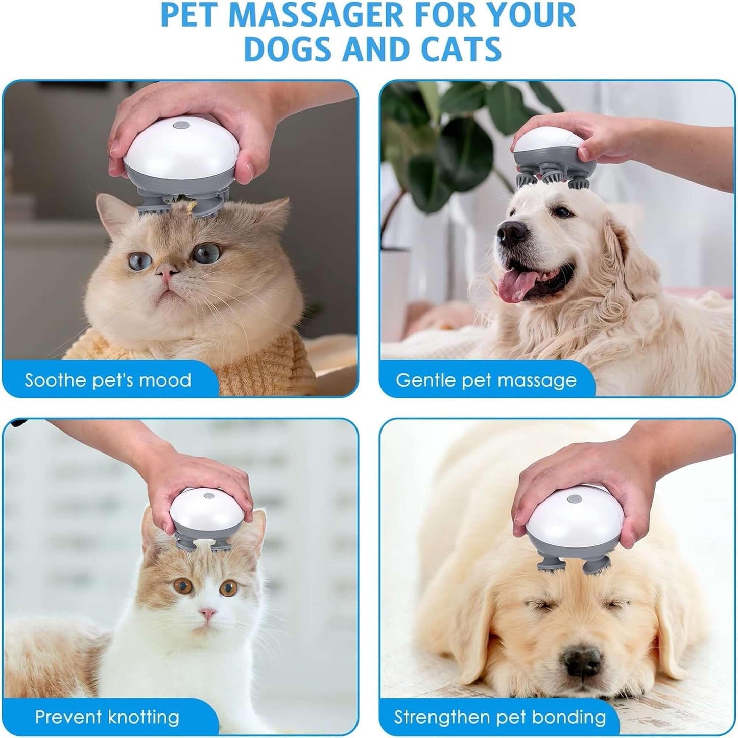 Electric pet massager for cats and dogs with 4 rotatable massage heads, cordless design, and three adjustable modes, perfect for pet relaxation and stress relief. - LUMINA