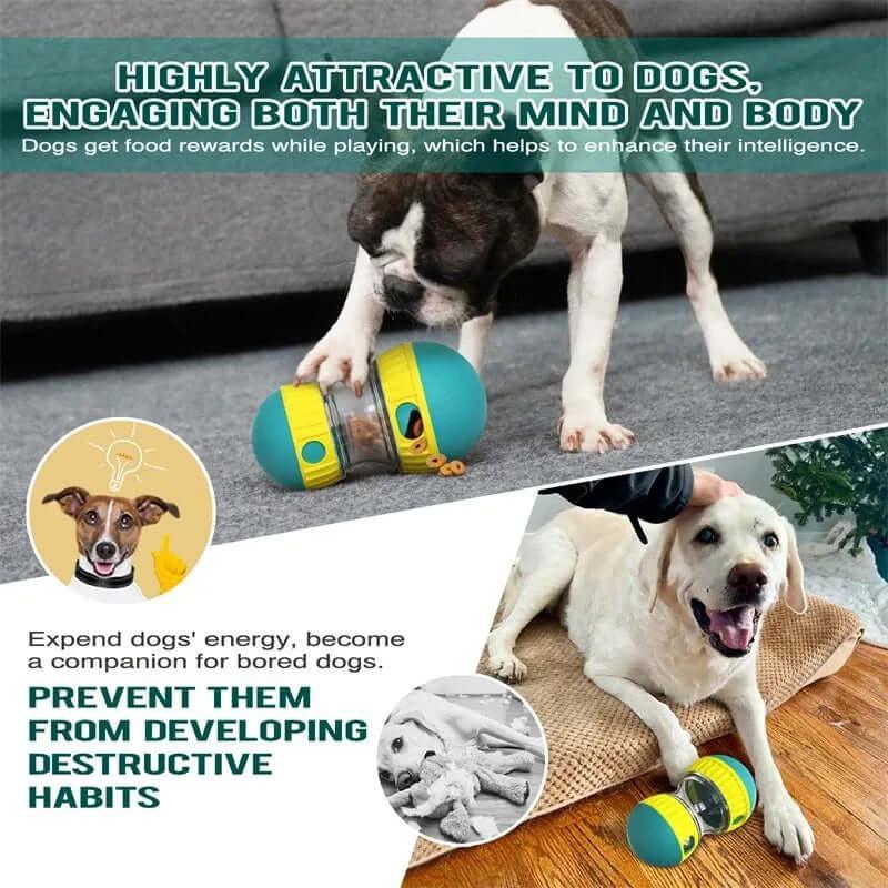Interactive tumbler dog toy with treat dispensing function, BPA-free, chew-resistant, and designed for mental stimulation and healthy eating habits - LUMINA