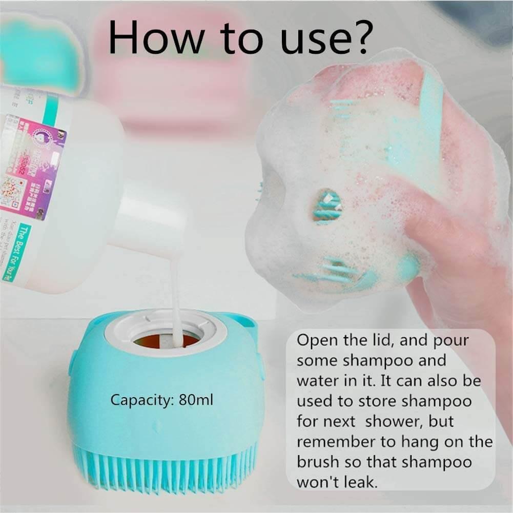 Soft silicone pet shampoo brush set with dual-sided bristles, built-in storage, and non-slip grip, perfect for grooming dogs and cats during bath time- LUMINA