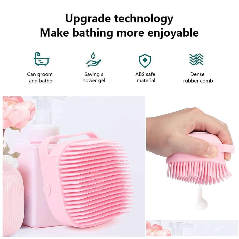 Soft silicone pet shampoo brush set with dual-sided bristles, built-in storage, and non-slip grip, perfect for grooming dogs and cats during bath time- LUMINA