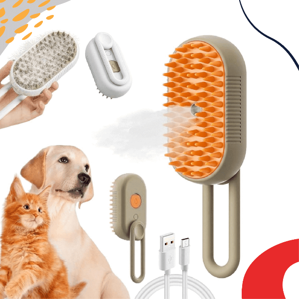 Steam Pet Brush with 3-in-1 grooming functions, providing pet massage, hair removal, and spray cleaning. Silicone brush head for effective pet hygiene and self-cleaning. Perfect for maintaining pet grooming and care essentials with an easy-to-use, multi-functional tool.- LUMINA