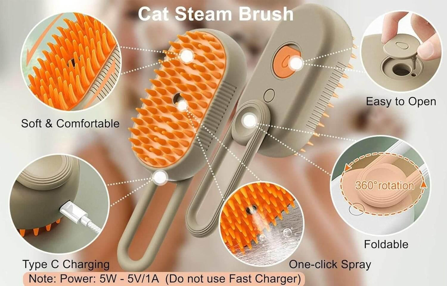 Steam Pet Brush with 3-in-1 grooming functions, providing pet massage, hair removal, and spray cleaning. Silicone brush head for effective pet hygiene and self-cleaning. Perfect for maintaining pet grooming and care essentials with an easy-to-use, multi-functional tool.- LUMINA