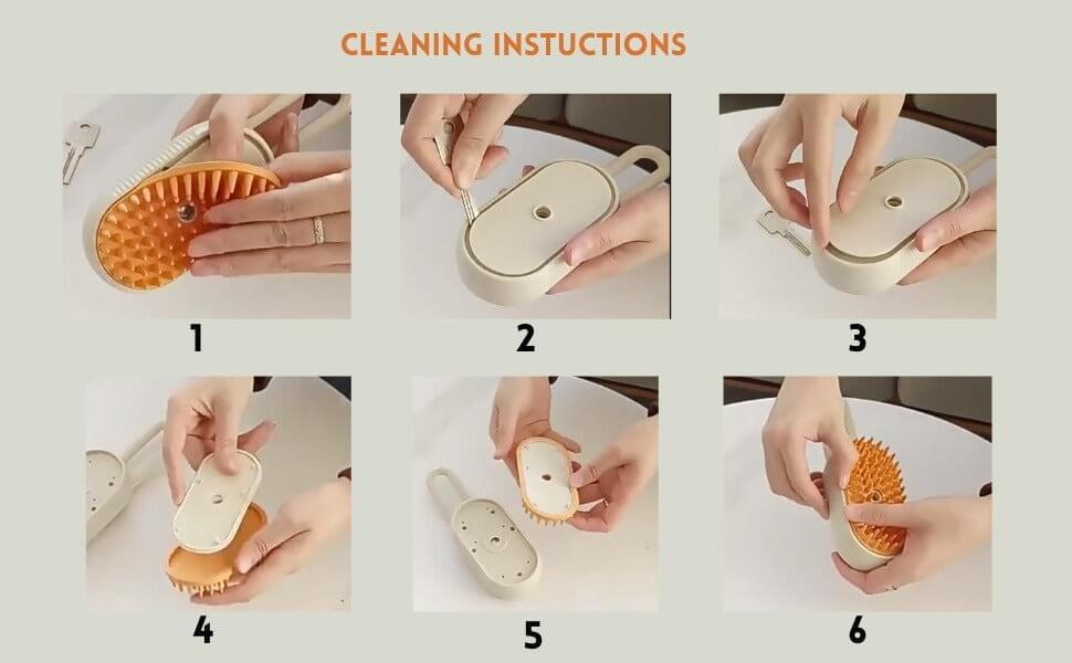 Steam Pet Brush with 3-in-1 grooming functions, providing pet massage, hair removal, and spray cleaning. Silicone brush head for effective pet hygiene and self-cleaning. Perfect for maintaining pet grooming and care essentials with an easy-to-use, multi-functional tool.- LUMINA