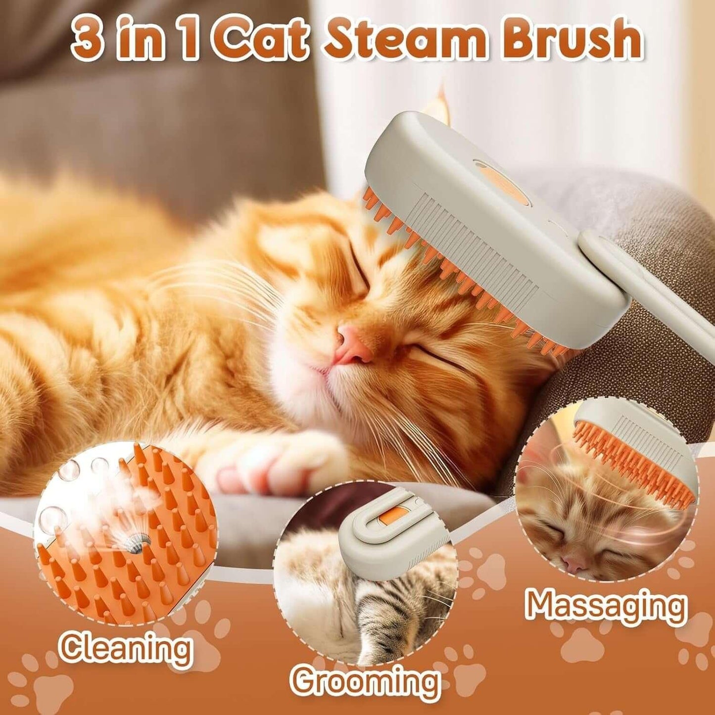 Steam Pet Brush with 3-in-1 grooming functions, providing pet massage, hair removal, and spray cleaning. Silicone brush head for effective pet hygiene and self-cleaning. Perfect for maintaining pet grooming and care essentials with an easy-to-use, multi-functional tool.- LUMINA