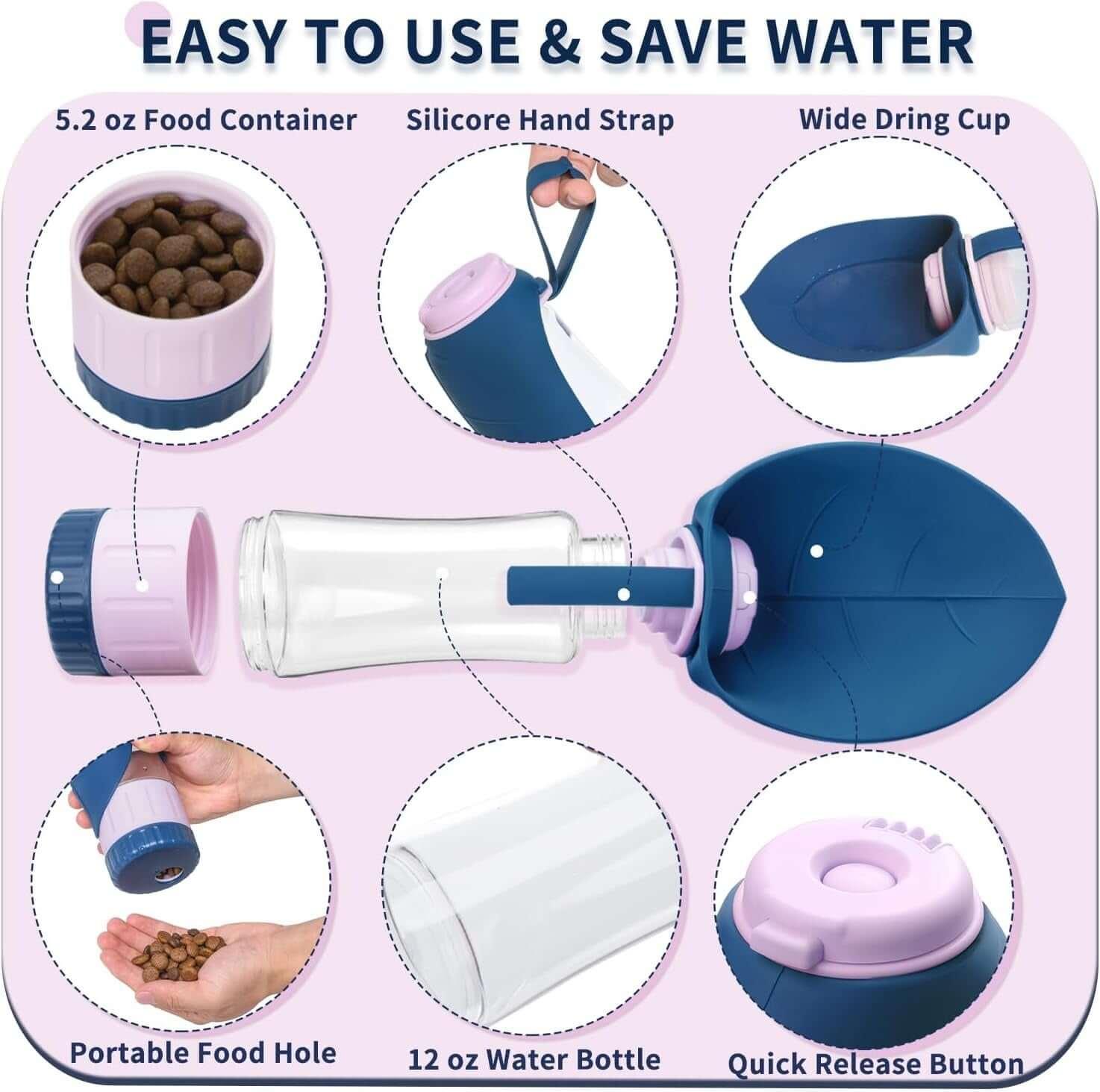 2-in-1 portable dog water bottle and food dispenser with a leak-proof design, ideal for travel, hiking, and outdoor adventures with your pet-LUMINA