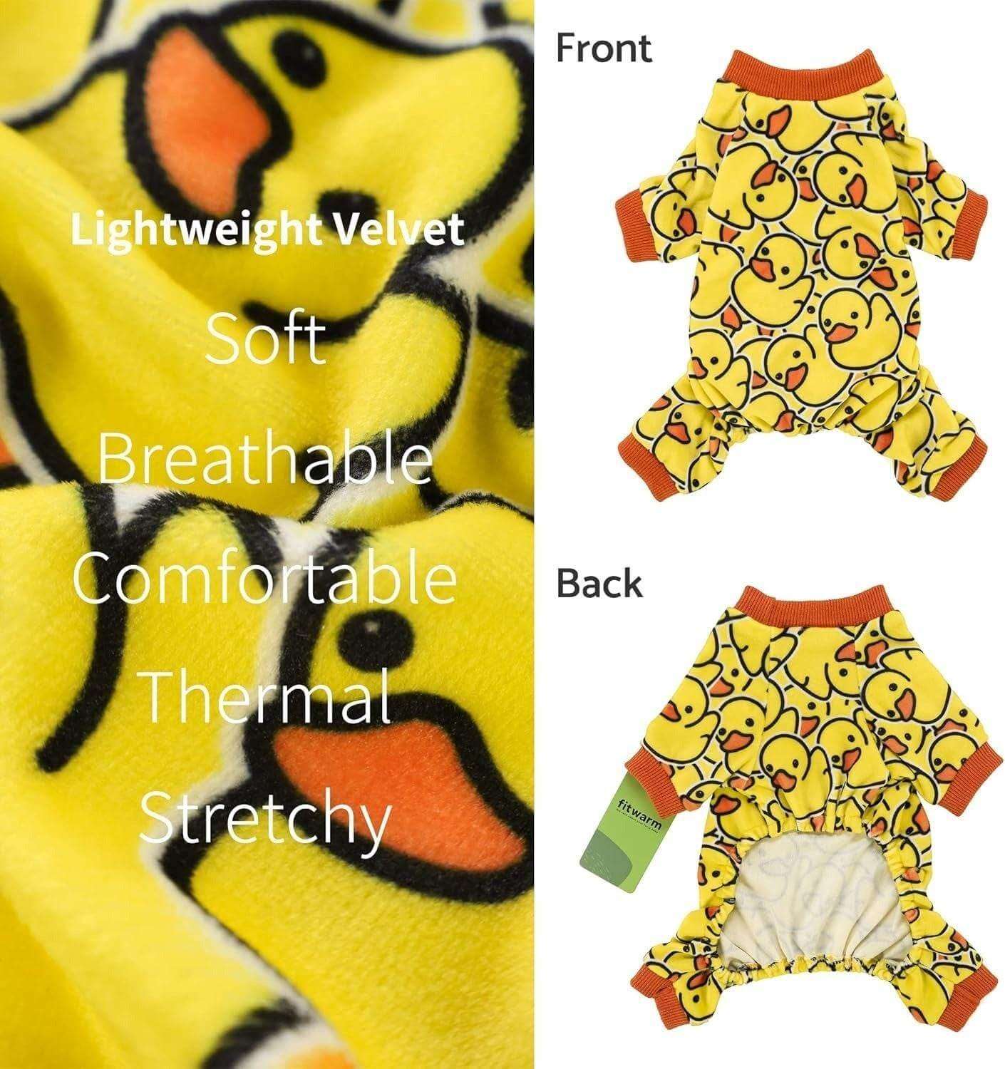 Small dog wearing funny duck-themed pajamas, cozy and lightweight sleepwear for dogs, ideal for bedtime or lounging. Perfect cute outfit for small pets- LUMINA