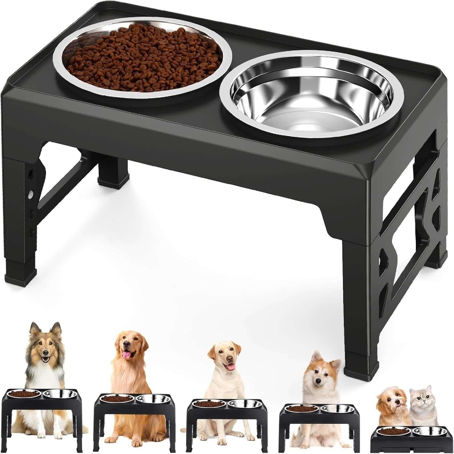 Adjustable elevated dog bowls with stainless steel, foldable stand, and anti-slip design. Perfect for dogs of all sizes for healthier, comfortable mealtimes-LUMINA