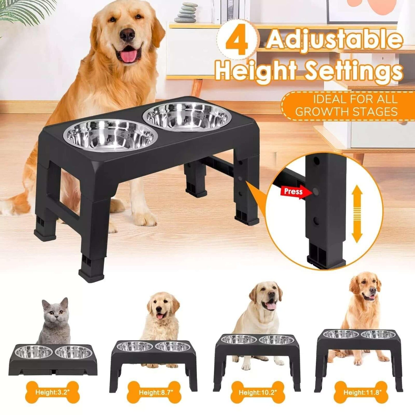 Adjustable elevated dog bowls with stainless steel, foldable stand, and anti-slip design. Perfect for dogs of all sizes for healthier, comfortable mealtimes-LUMINA