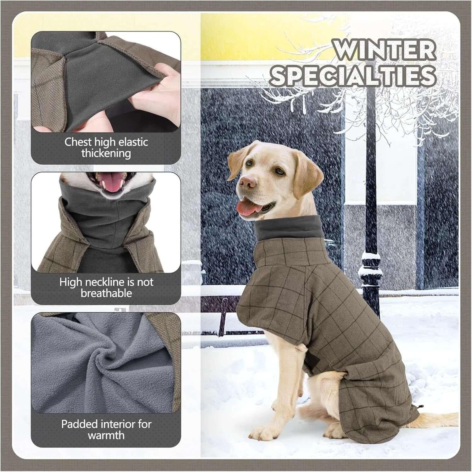 British style plaid dog winter coat with windproof cotton exterior, fleece lining, and a leash hole. Elegant and warm vest for small to large dogs-LUMINA