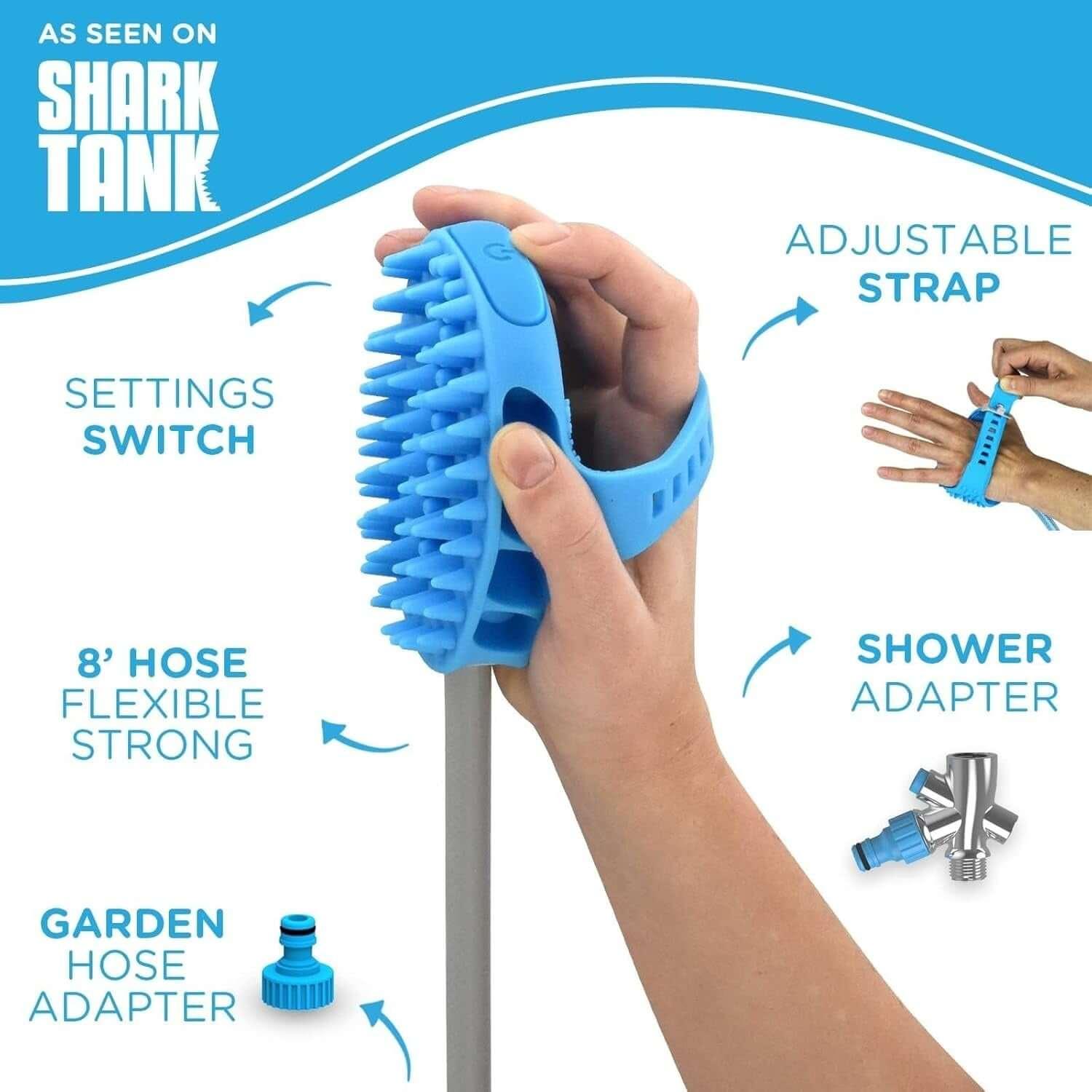2-in-1 dog bath brush with sprayer and scrubber, designed for easy pet grooming. Removes dirt, loose fur, and massages for a stress-free bathing experience-LUMINA