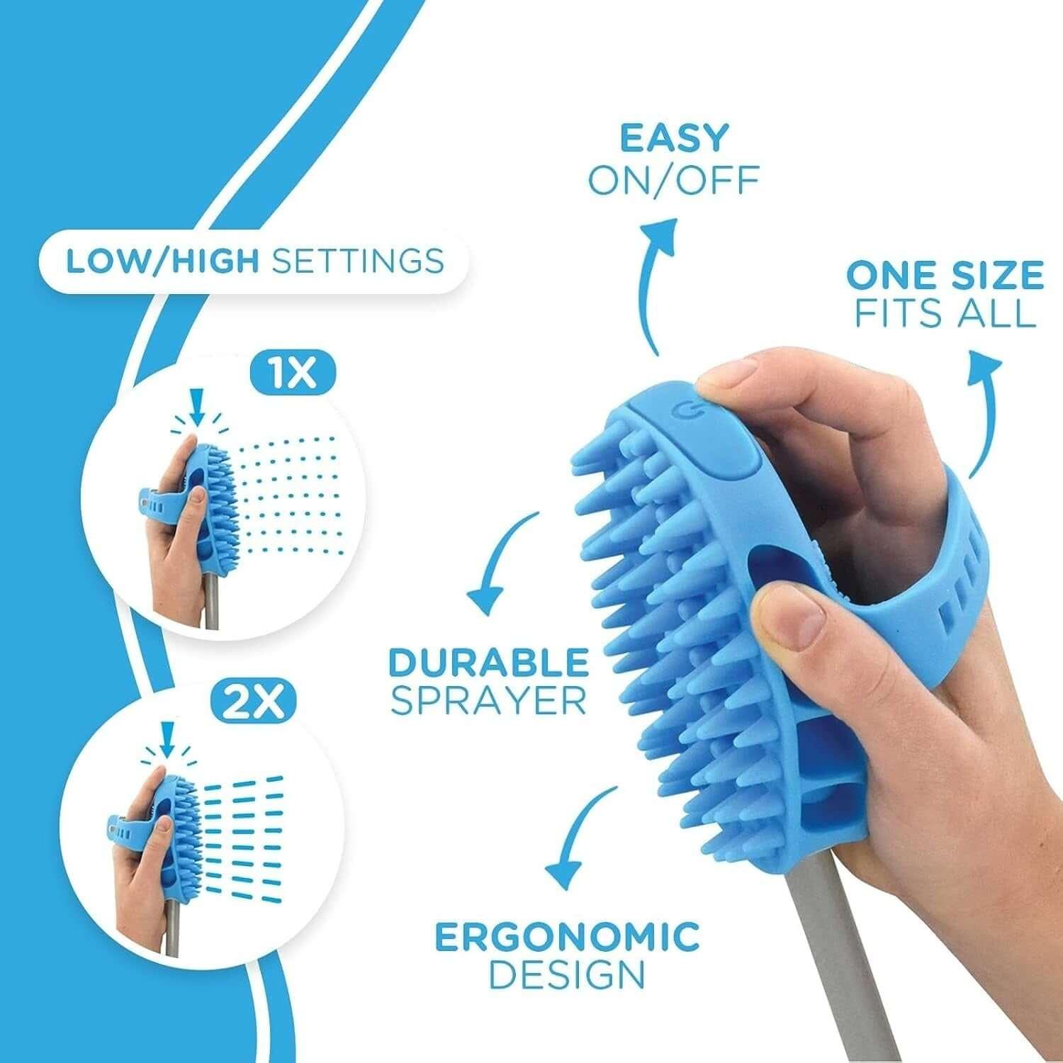 2-in-1 dog bath brush with sprayer and scrubber, designed for easy pet grooming. Removes dirt, loose fur, and massages for a stress-free bathing experience-LUMINA