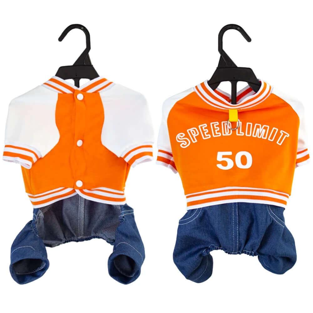 Small dog wearing a stylish baseball jumpsuit, showcasing soft, breathable fabric, designed for comfort and cute pet fashion. Perfect for small dogs and seasonal outings.- LUMINA