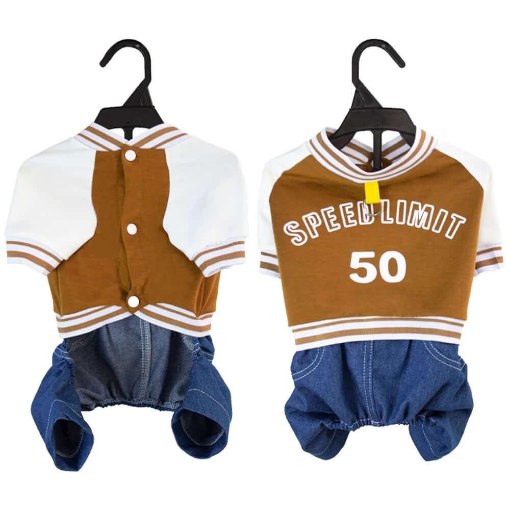 Small dog wearing a stylish baseball jumpsuit, showcasing soft, breathable fabric, designed for comfort and cute pet fashion. Perfect for small dogs and seasonal outings.- LUMINA