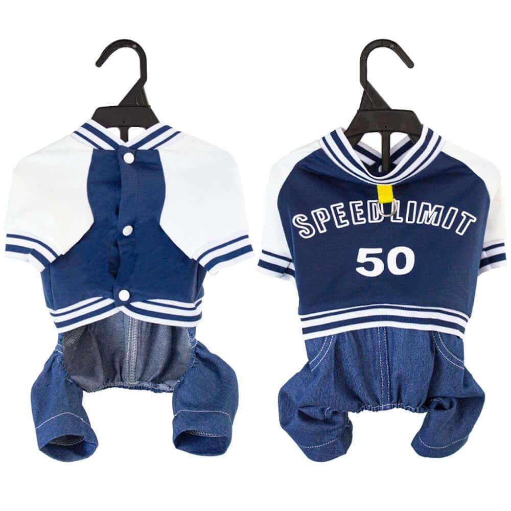 Small dog wearing a stylish baseball jumpsuit, showcasing soft, breathable fabric, designed for comfort and cute pet fashion. Perfect for small dogs and seasonal outings.- LUMINA