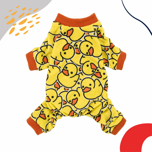 Small dog wearing funny duck-themed pajamas, cozy and lightweight sleepwear for dogs, ideal for bedtime or lounging. Perfect cute outfit for small pets- LUMINA